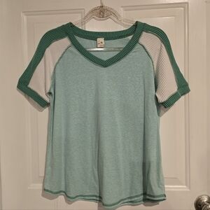 Mint Green Raglan V Neck Top Waffle Sleeve Boutique Size L